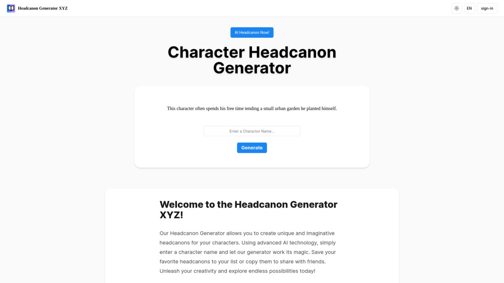 Screenshot der Headcanon Generator XYZ Website