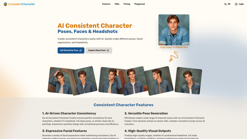 AI Consistent Character Creator Website screenshot