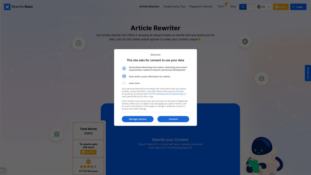 Screenshot der RewriteGuru-Website