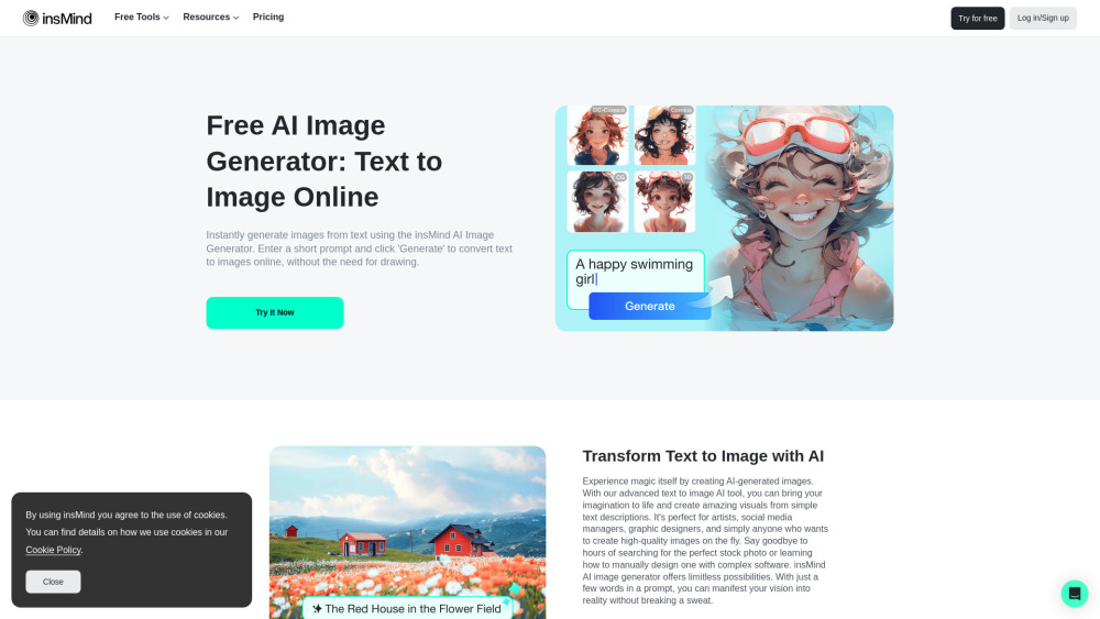 insMind AI Image Generator Website screenshot