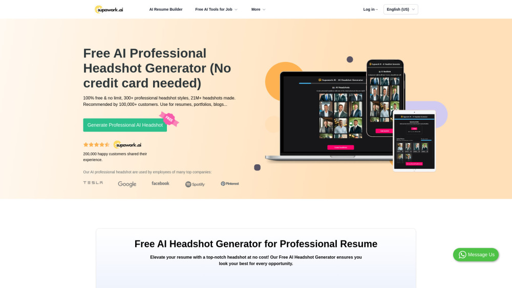 Kostenloser KI-Headshot-Generator | Supawork AI (100% kostenlos & ohne Limit) Screenshot der Website