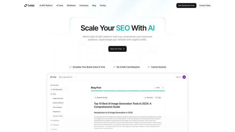 Leap AI SEO Platform Website screenshot