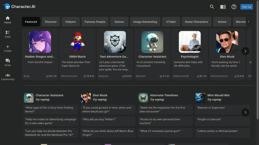 Character.aiのウェブサイトのスクリーンショット