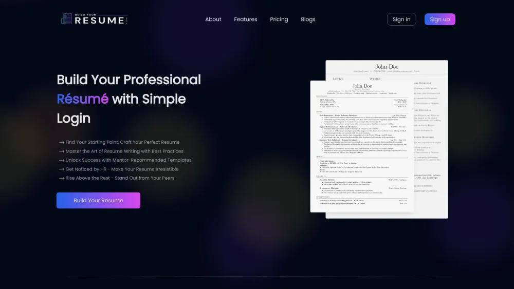 Build Your Resume Online Website screenshot