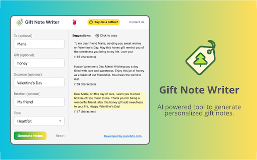 Gift Note Writer - Chrome Extension Website screenshot