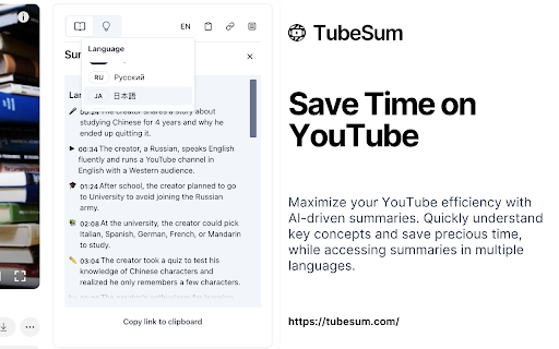 TubeSum - Chrome Extension Website screenshot