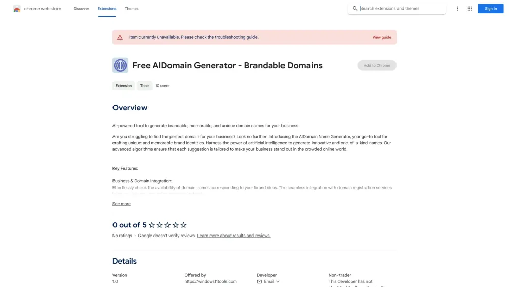 AIDomain Name Generator - Chrome Extension Website screenshot