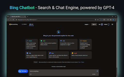 Bing Chatbot - Chrome Extension Website screenshot