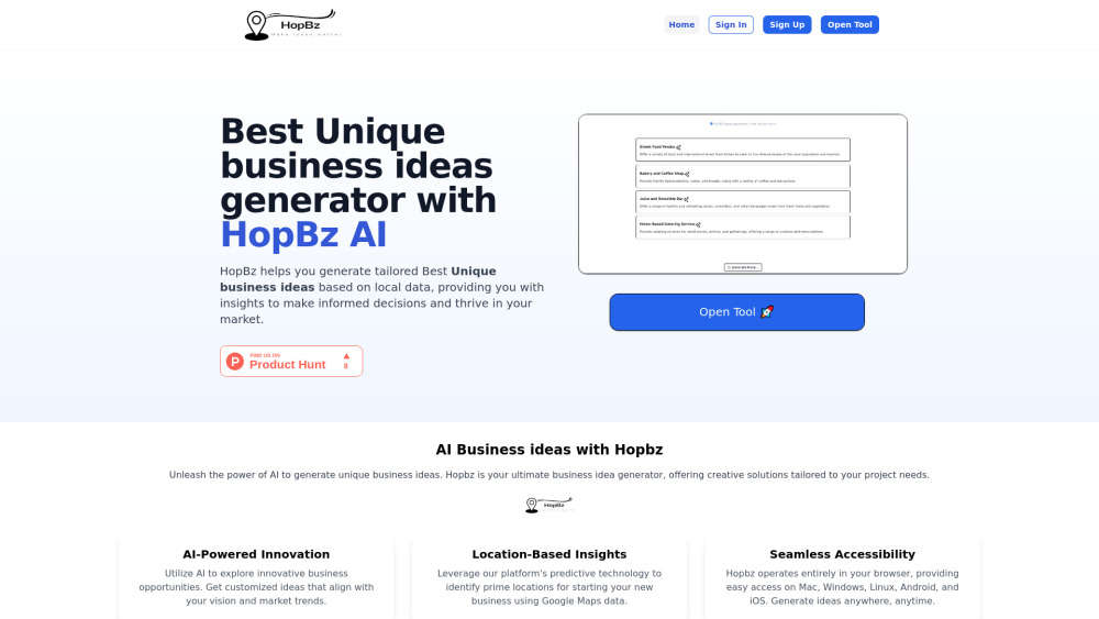 Hopbz - AI Business Ideas & Opportunities Generator Website screenshot