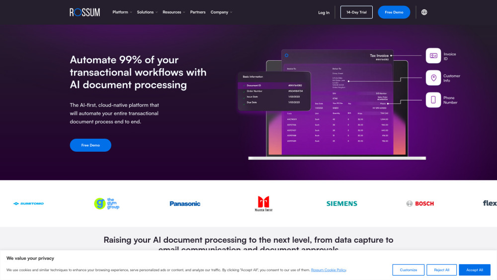 Rossum AI Document Processing Website screenshot