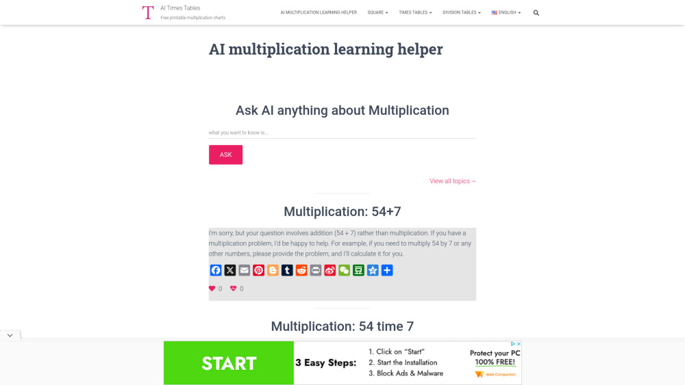 AI Multiplication Learning Helper Website screenshot