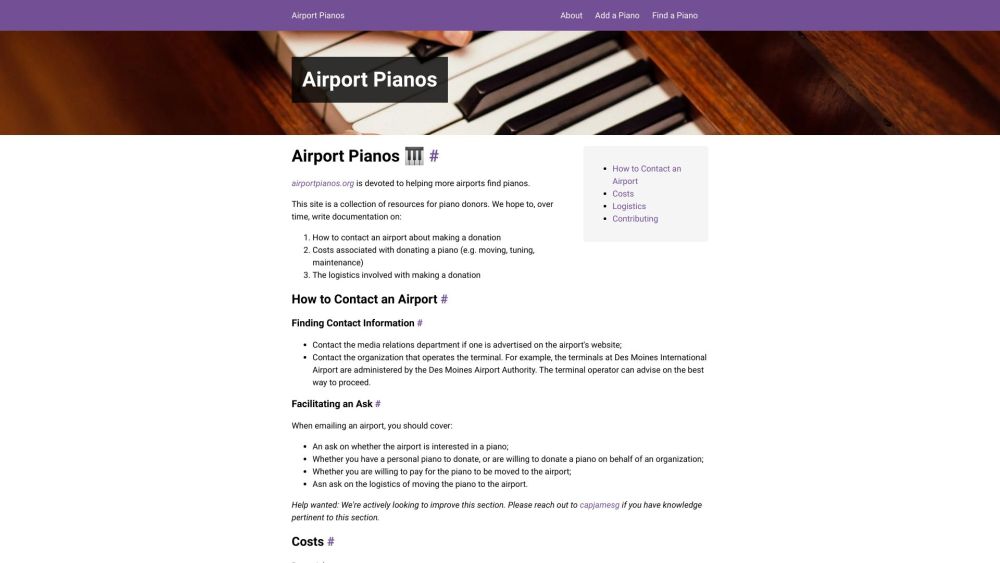 Airport Pianos Website screenshot