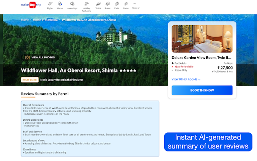 Fermi - Summarise Reviews on MakeMyTrip - Chrome Extension Website screenshot