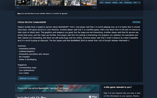 Steam Review Summarizer - Chrome Extension Website screenshot