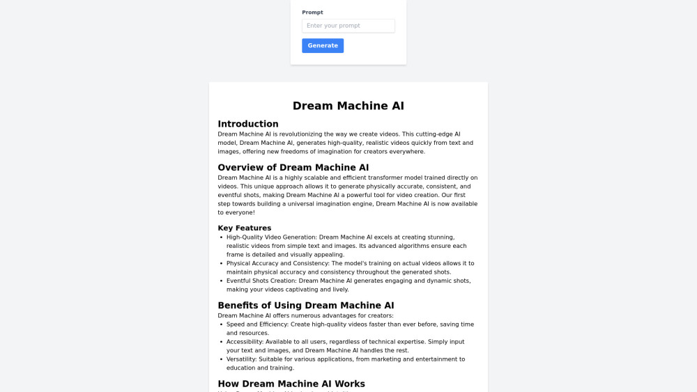 Dream Machine AI Website screenshot