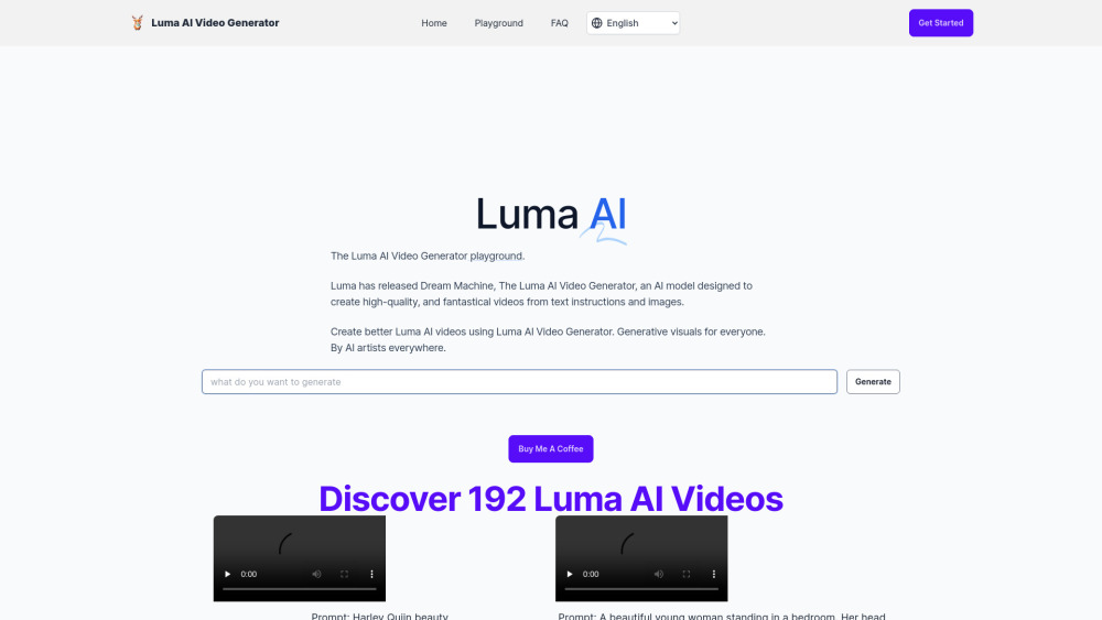 Luma AI Video Generator Website screenshot