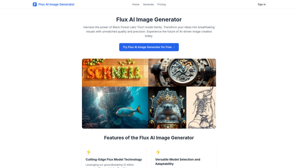 Flux AI Image Generator Website screenshot