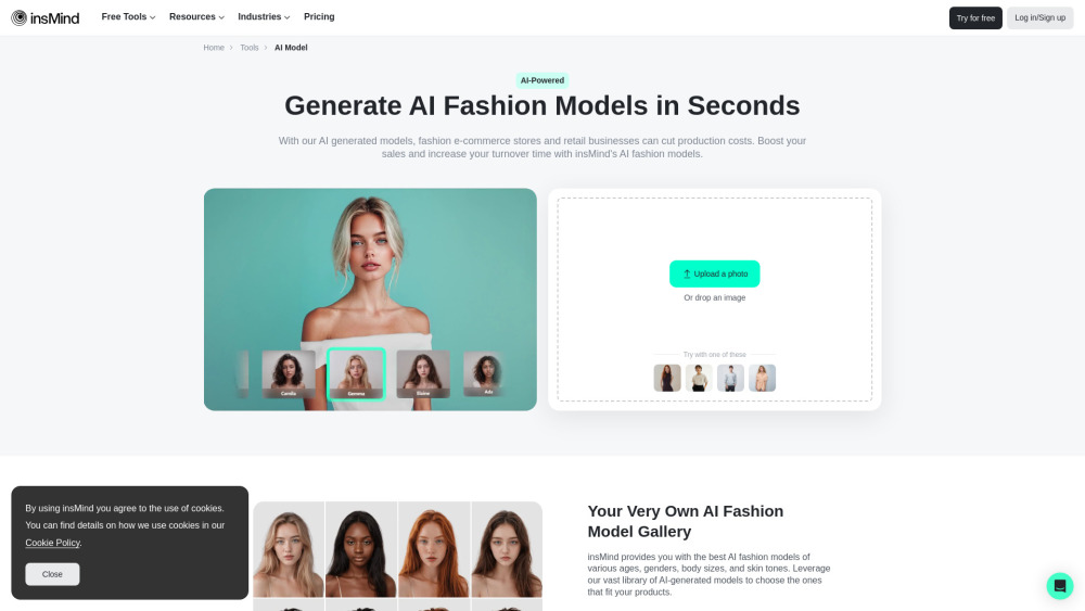 AI Fashion Models (Face Swap) by insMind Website screenshot