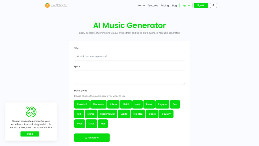 Music AI Website screenshot