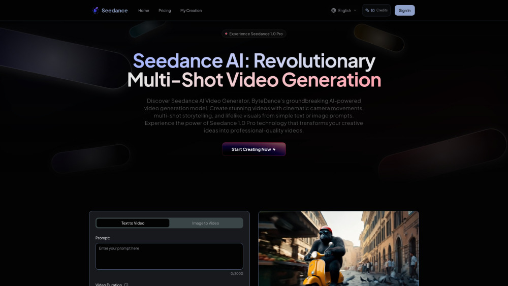 Seedance AI Website screenshot